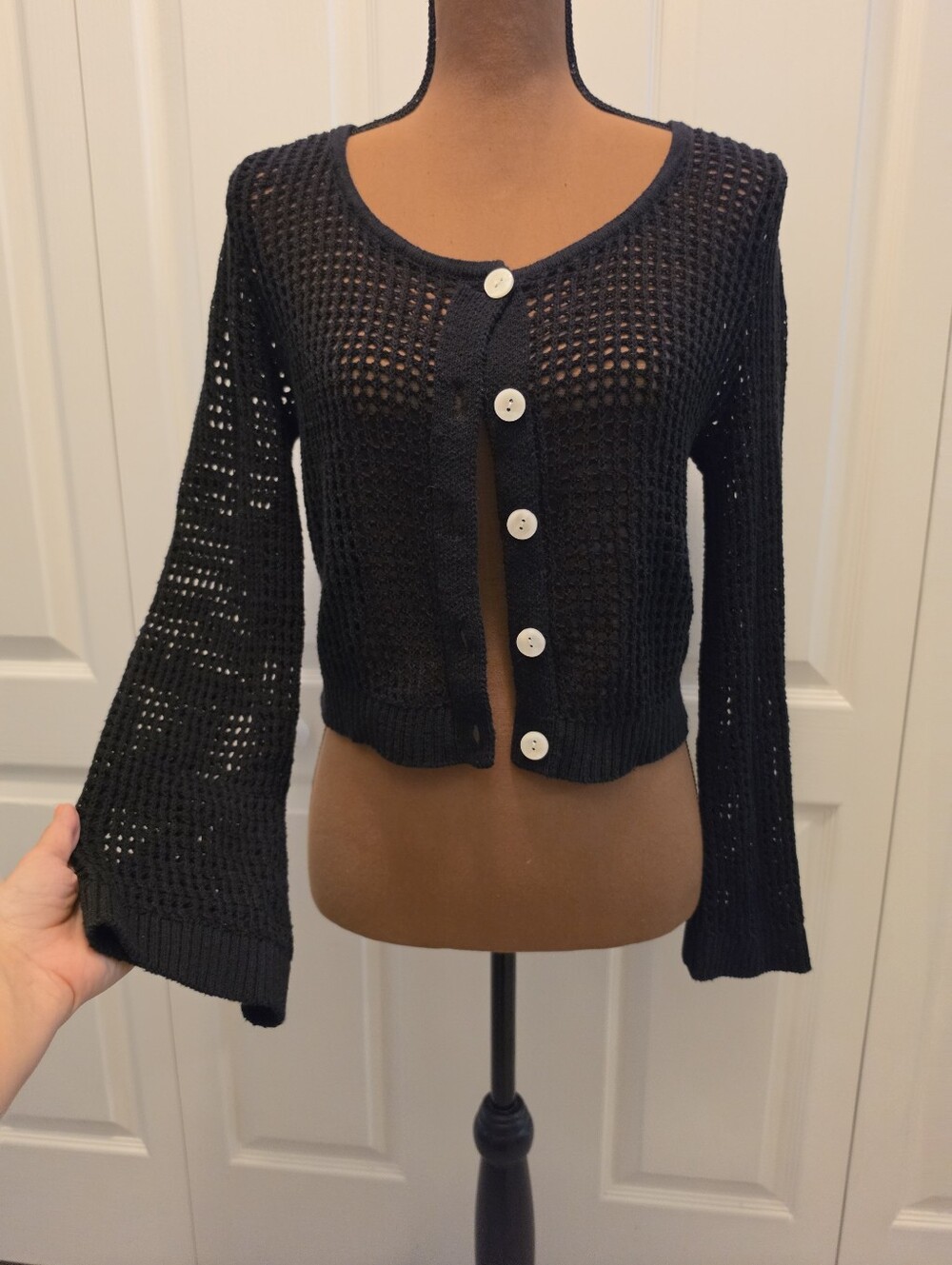 Crochet Knit Crop Cardigan Bell Sleeve Black S Grunge Whimsigoth Coquette Boho
